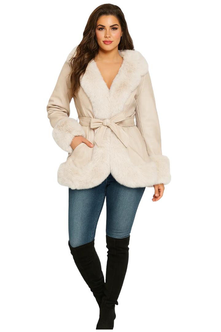 Women's Tie Belt Elegant Hooded Peplum Winter Jacket