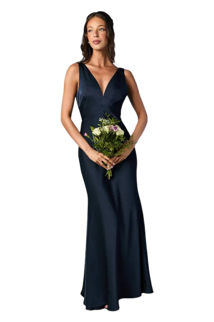 Coast: Satin V Neck Maxi Bridemaid Dress With Back Sash Detail (Navy)