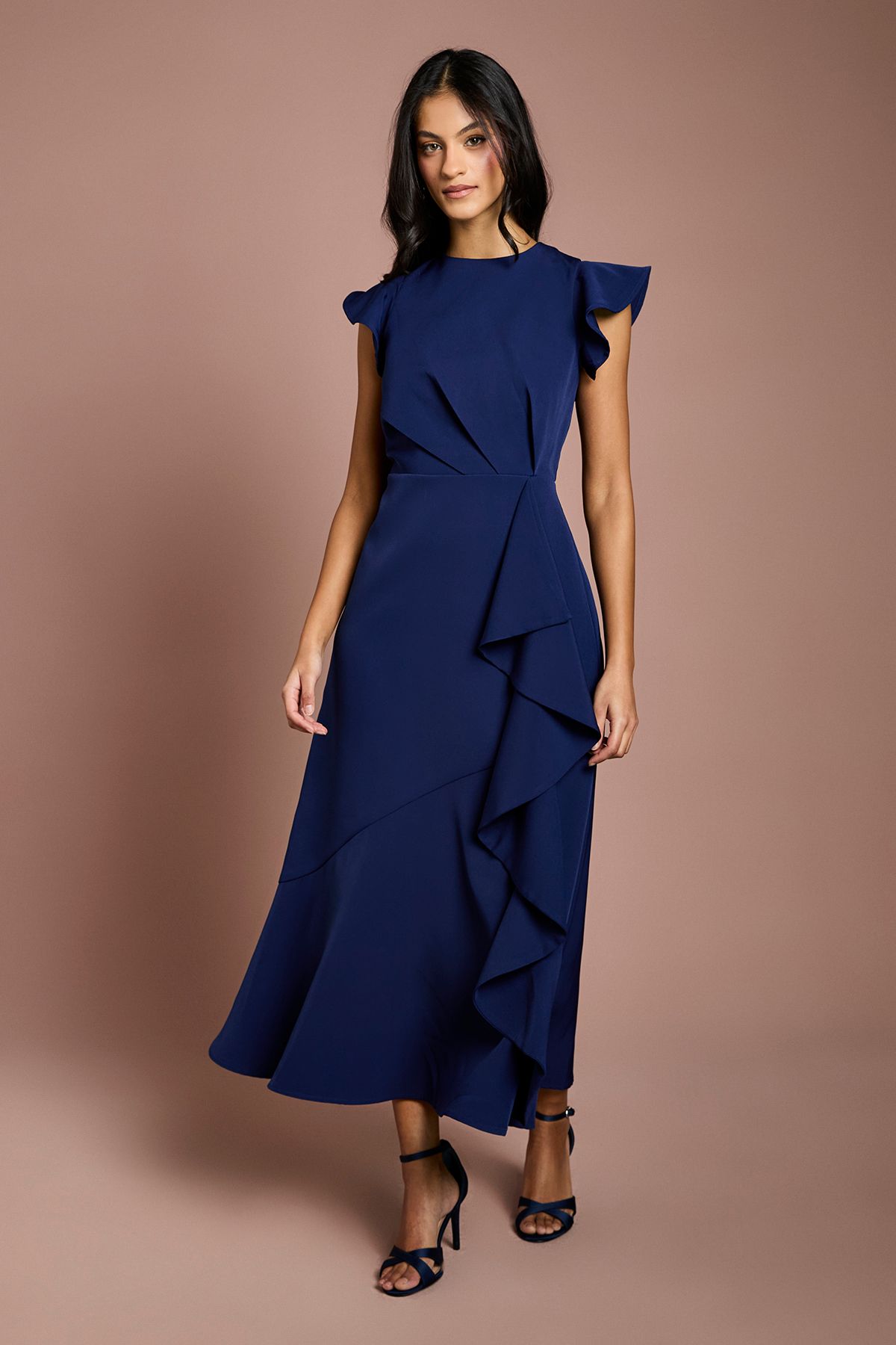 Women's Petite Ruffle Detail Midi Dress (Navy)
