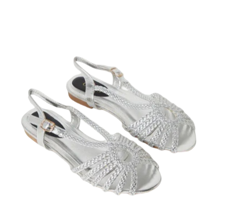 Oasis: Bronte Plaited Slingback Peeptoe Flat Sandals (Silver)