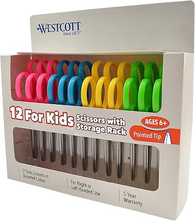 Westcott: Right & Left-Handed 5-Inch Pointed Safety Scissors For Kids 12 Pack (Assorted Colors)