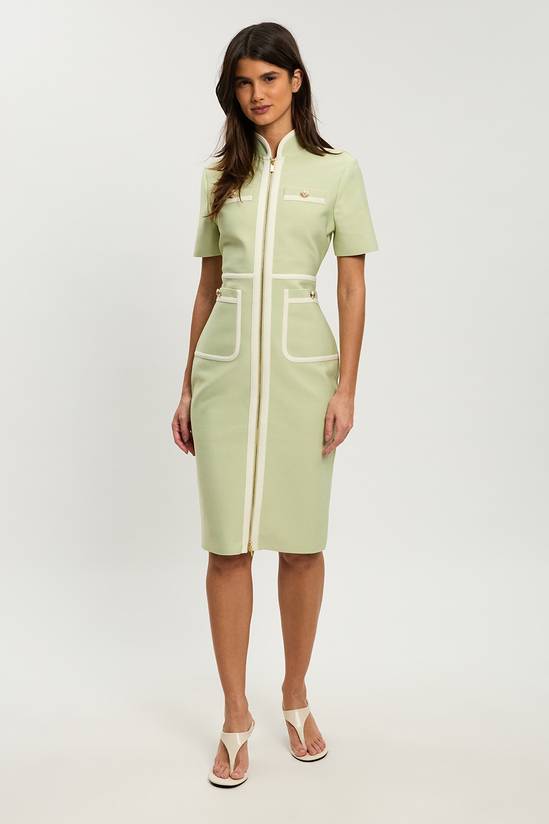 Women's Petite Figure Form Bandage Knit Piping Detail Short Sleeve Military Midi Dress (Sage)