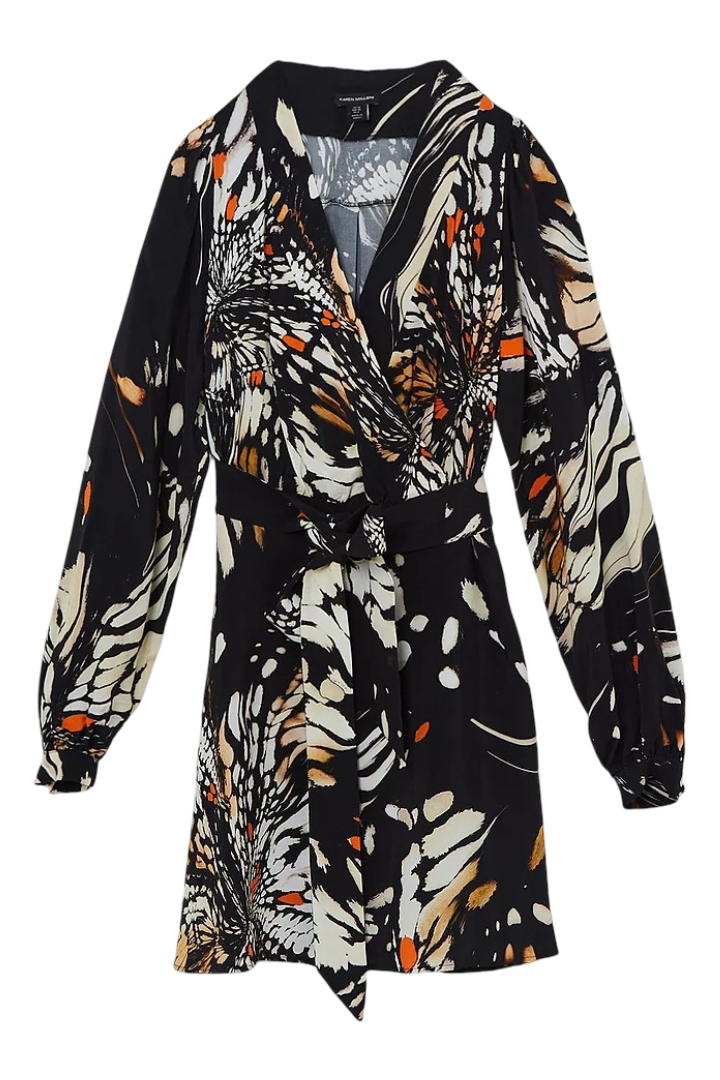 Butterfly Print Viscose Crepe Woven Wrap Mini Dress (Black)
