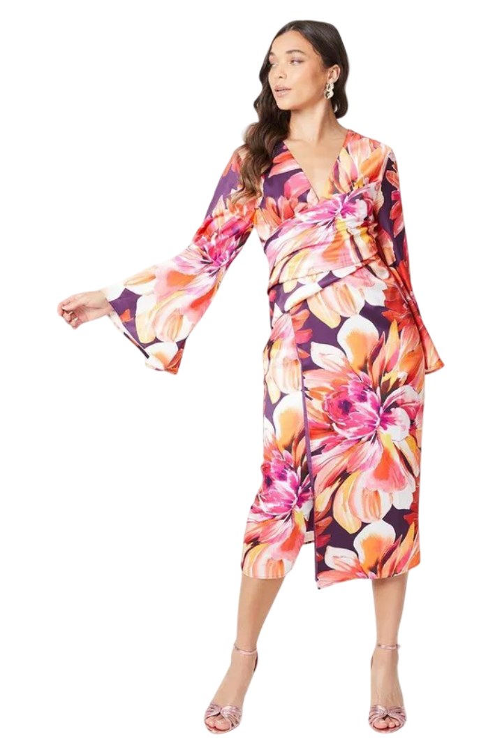Coast: Petite Printed Satin Wrap Dress With Flare Sleeve (Pink)