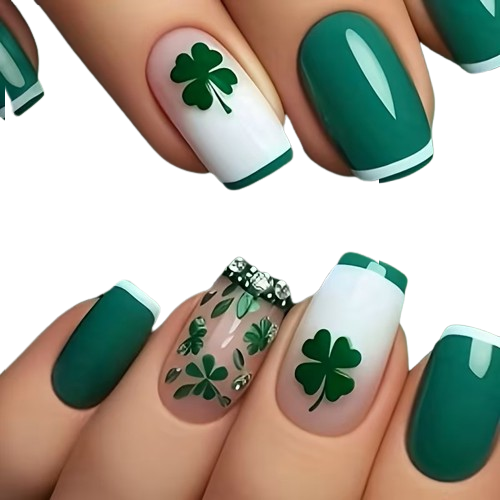Press-on Fake Nails: Lucky Four-Leaf Clovers (24pcs)