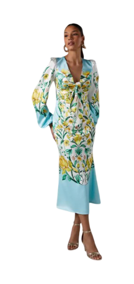 Coast: Printed Tie Front Long Sleeve Midi Wedding Guest Dress