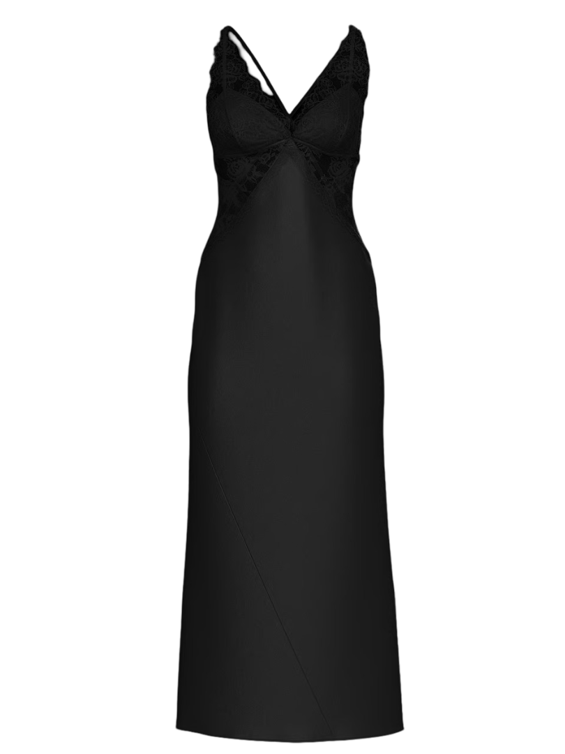 Satin Rose Lace Long Slip Dress (Black)