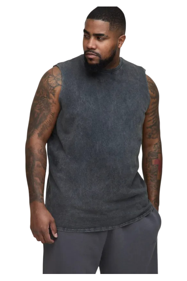BoohooMan: Plus Acid Wash Regular Fit Tank (Black)