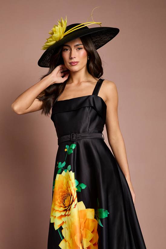 Coast: Lisa Tan Floral Placement Print Belted Midi Dress (Black)