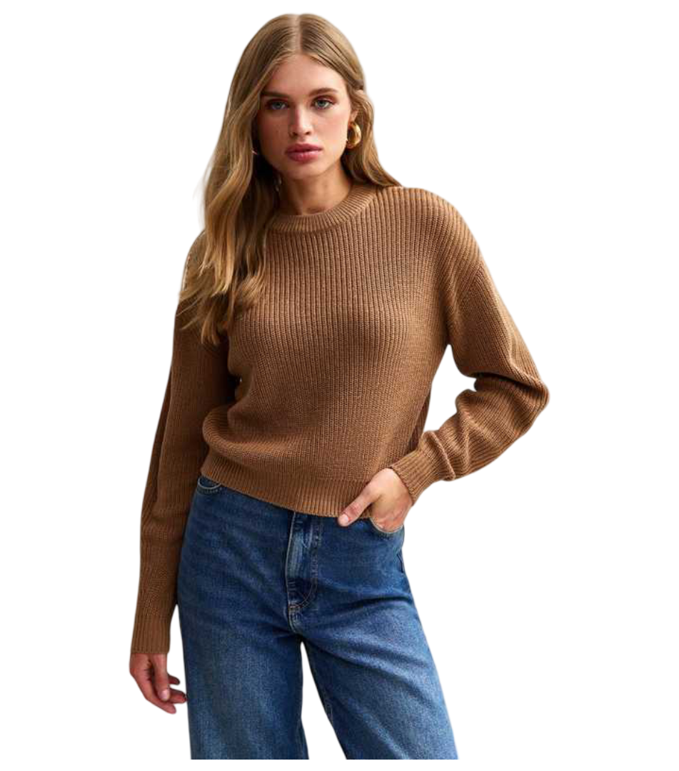 Ribbed Crew Neck Knit Jumper (Camel)