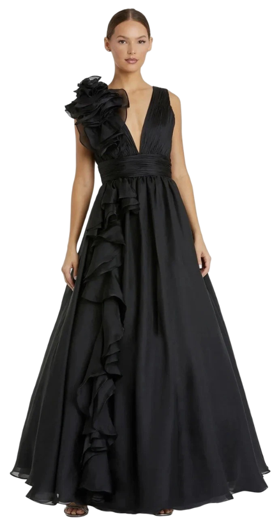 Mac Duggal: Women's Ruffle Shoulder V-Neck Chiffon Gown (Black)