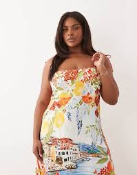 Women's Square Neck Cami Strap Midi Dress (Postcard Print)