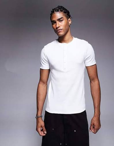 Men's ASOS DESIGN Muscle Fit T-Shirt With Henley Neck (White)