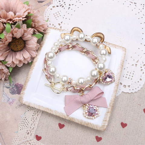 Jirai Kei: Pearl Hand Chain Double-layer Bracelets (Pink)