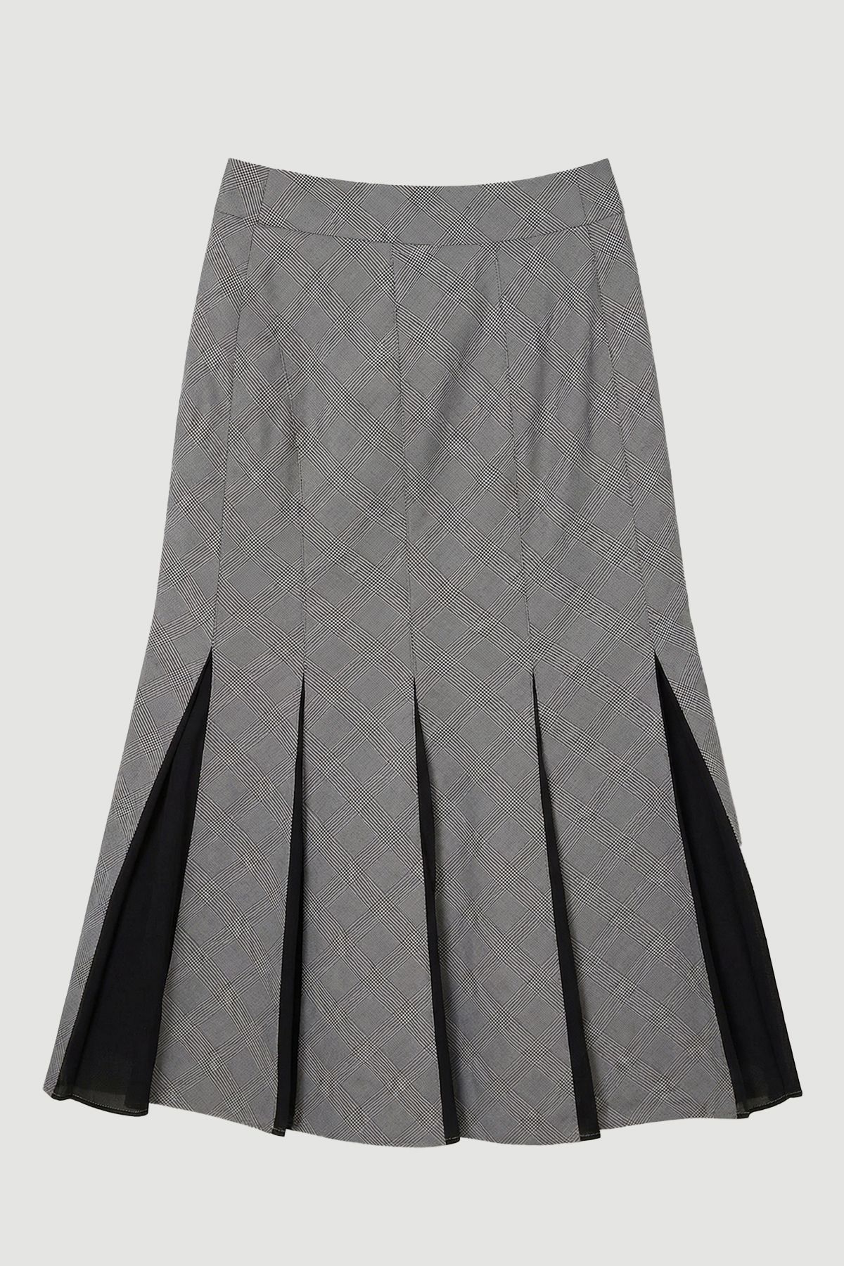 Women's Soft Tailored Check Godet Detail Midi Skirt (Grey)