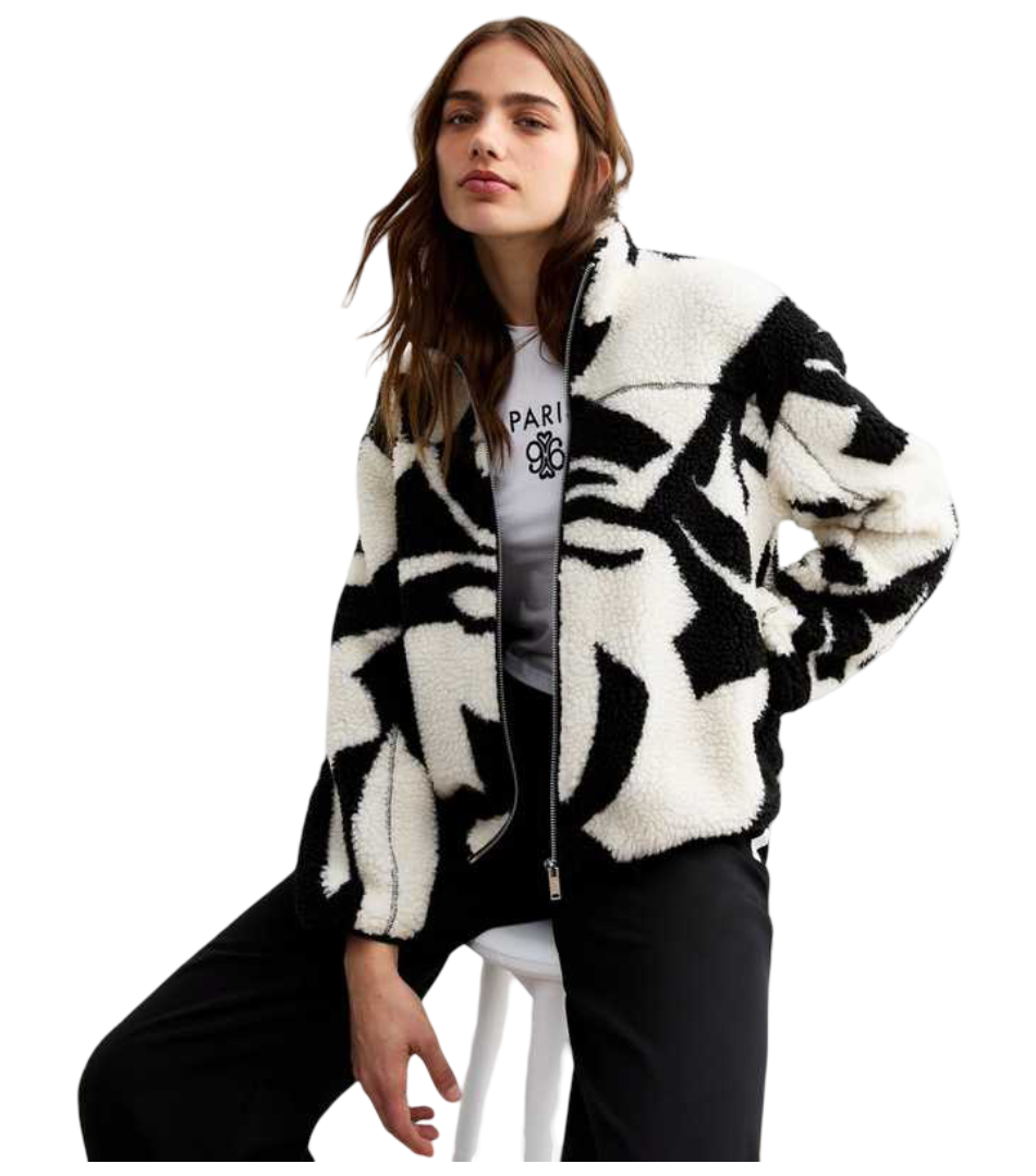 Abstract Print Zip Up Borg Jacket (Black)