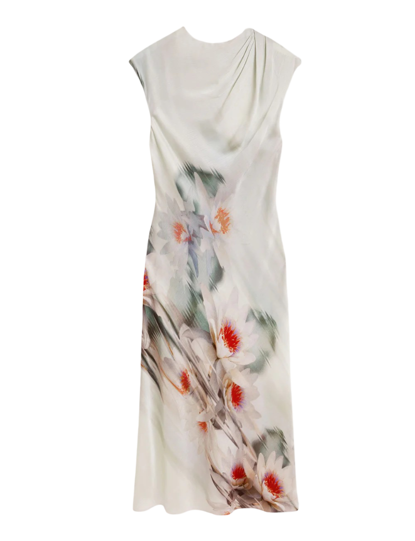 Shayyla Lily Print Drape Neck Midi Dress