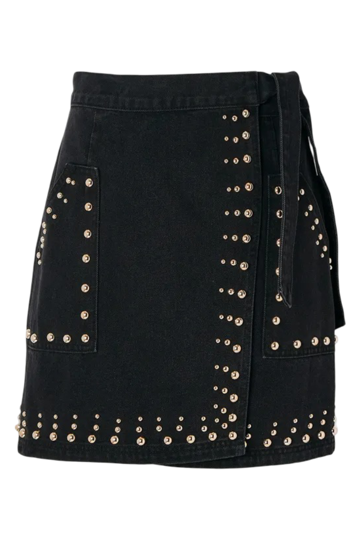 Karen Millen: Denim Studded Wrap Mini Skirt (Black)