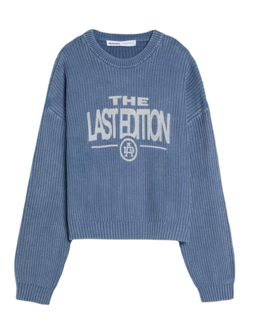 Boxy Print Round Neck Jumper (Blue)