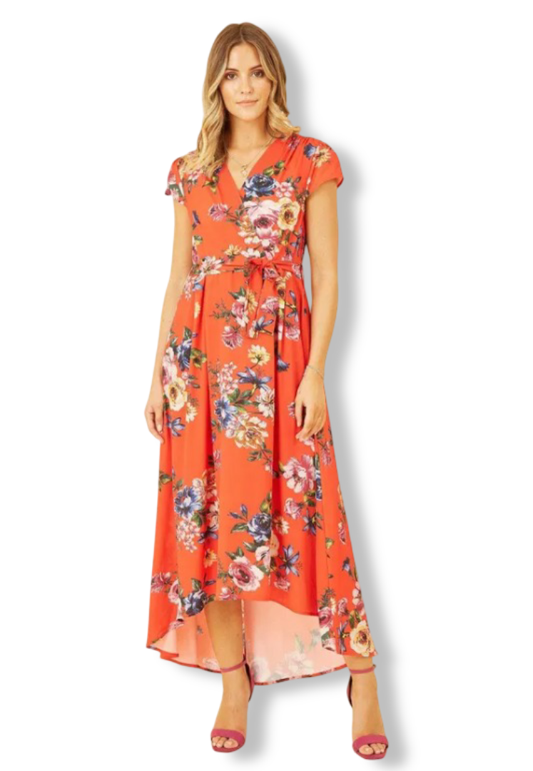 Women's Floral Wrap Dip Hem Dress (Orange)