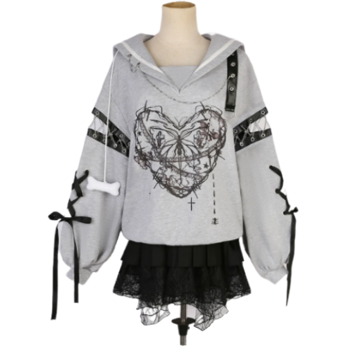 Jirai Kei: Gothic Sailor Collar Hoodie Skirt Set
