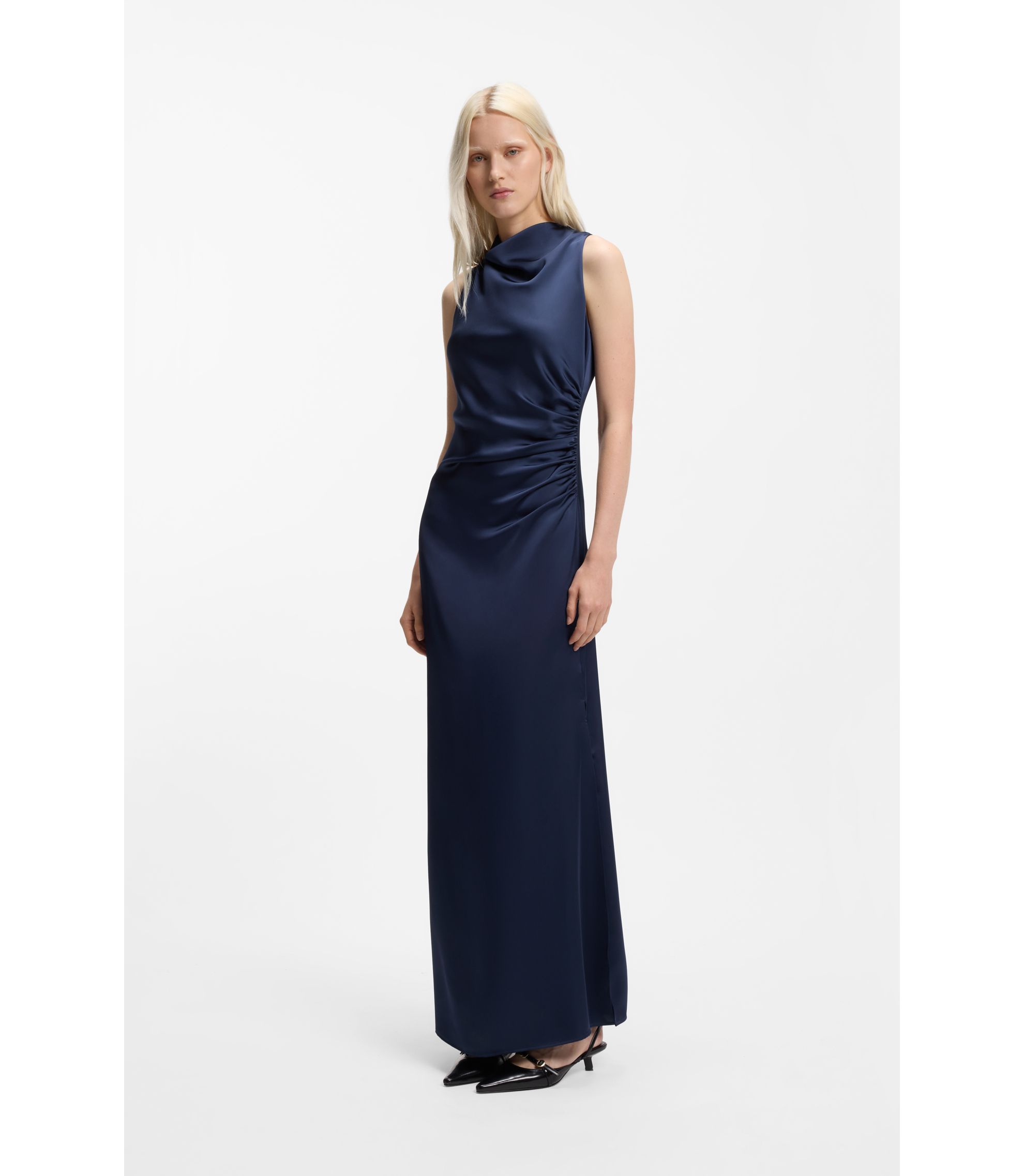 Women's Satin Maxi Dress With Gathered Details