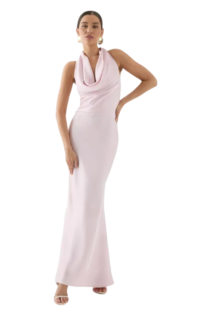 MissPap: Satin Cowl Wrap Neck Maxi Dress (Pink)