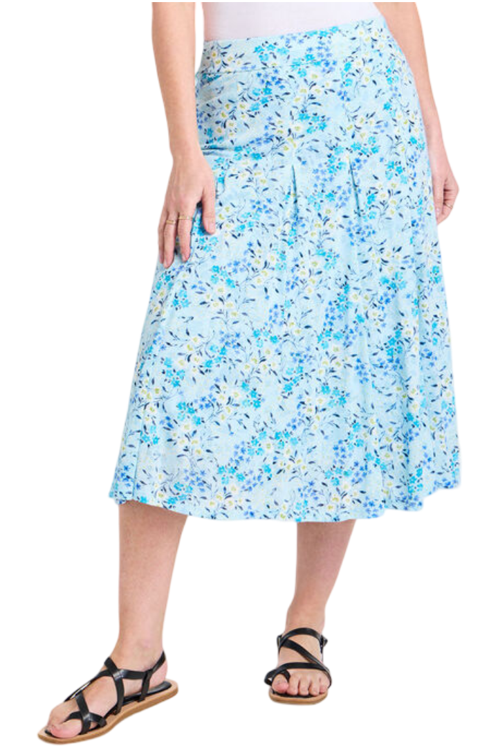 Floral Blossoms Print Burnout Panelled Elasticated Skirt (Pale Blue)
