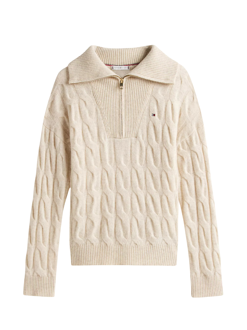 Cable Knit Quarter-Zip Sweater (Heather Oatmilk)