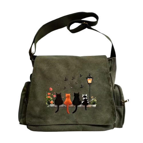Women's Tote Bag with Whimsical Cat & Lantern Design (Olive Green)