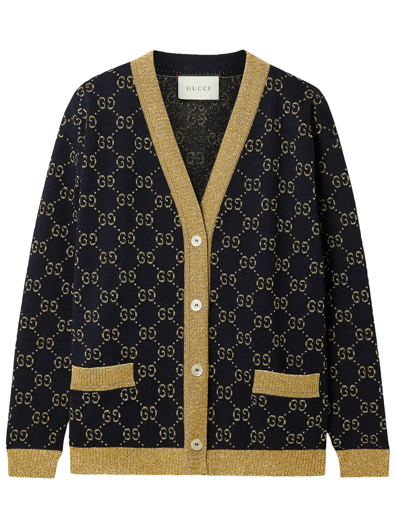 Gucci: Metallic Jacquard Knit Cotton Blend Cardigan (Navy)