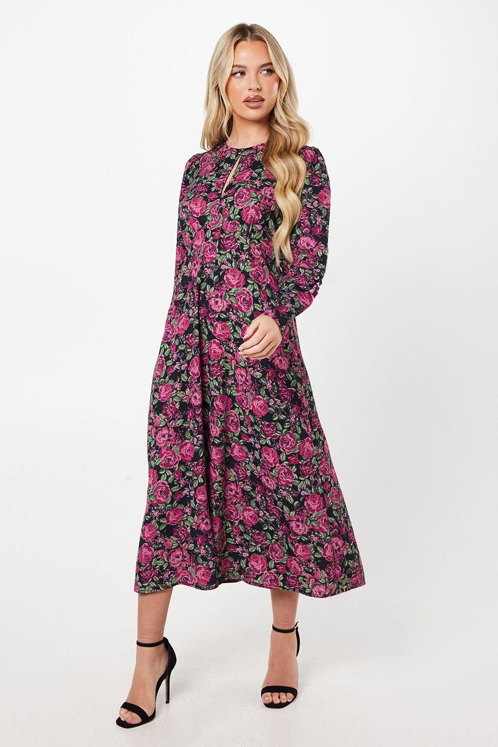 Women's Petite Pink Floral Long Sleeve Keyhole Midi Dress