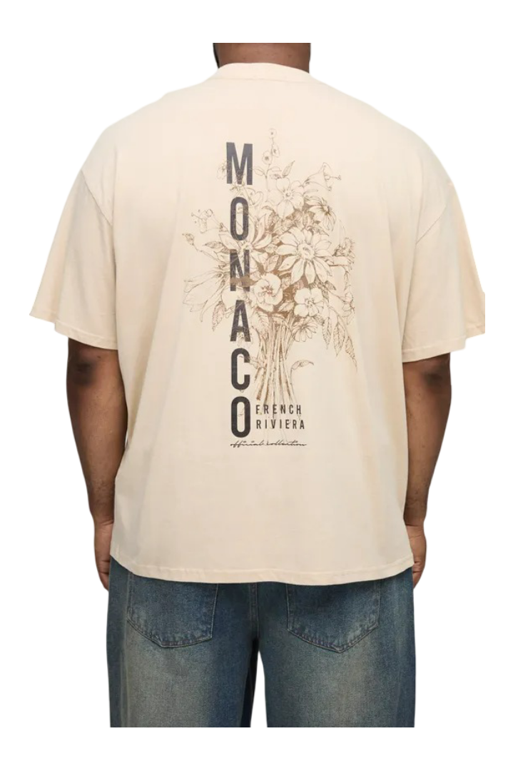 BoohooMan: Oversized Extended Neck Monaco Floral Printed T-Shirt (Sand)