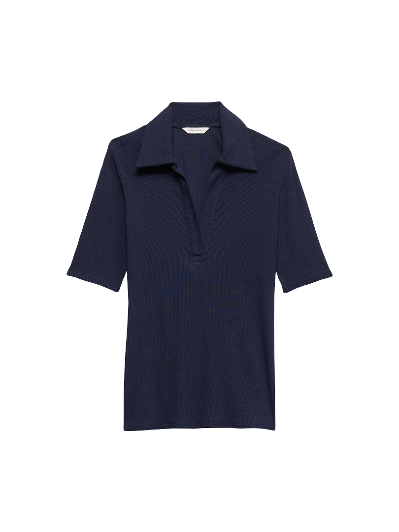 Ribbed Elbow-Sleeve Polo (navy Blue)