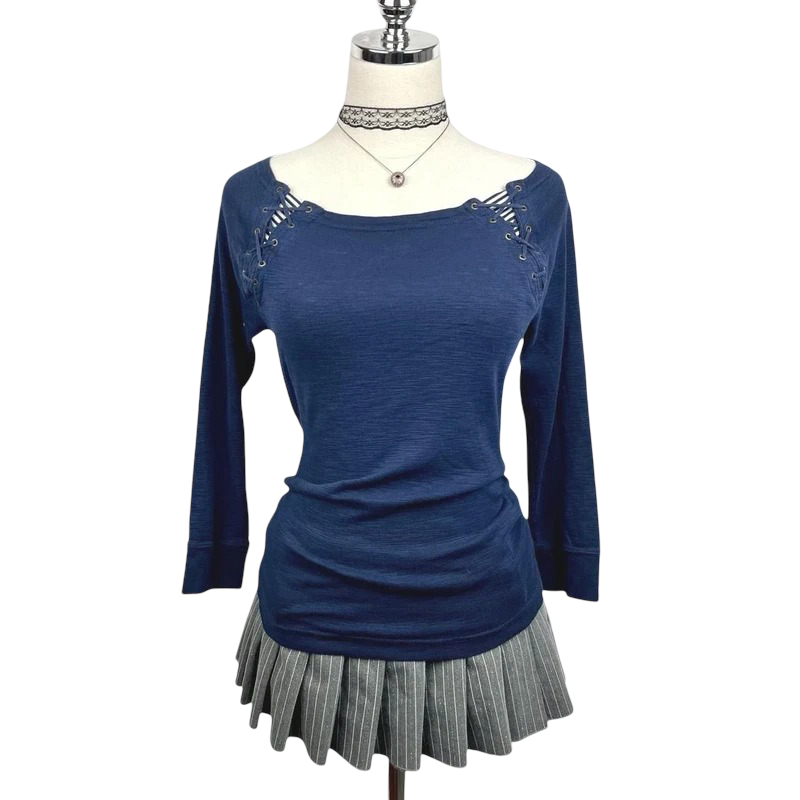 Lauren Ralph Lauren: 90s Lace-Up Long Sleeve Top (Navy)