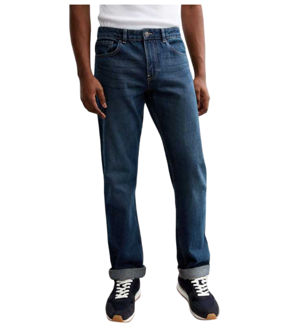 Straight Turn Up Cuff Denim Jeans (Blue)